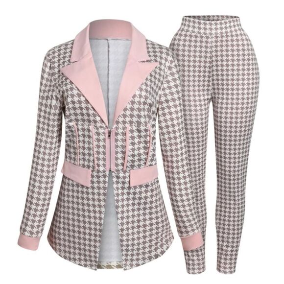 Long Sleeve 2 Piece Houndstooth BodyCon Pantsuit Jacket & Pants Set *Size L READ - Picture 14 of 16